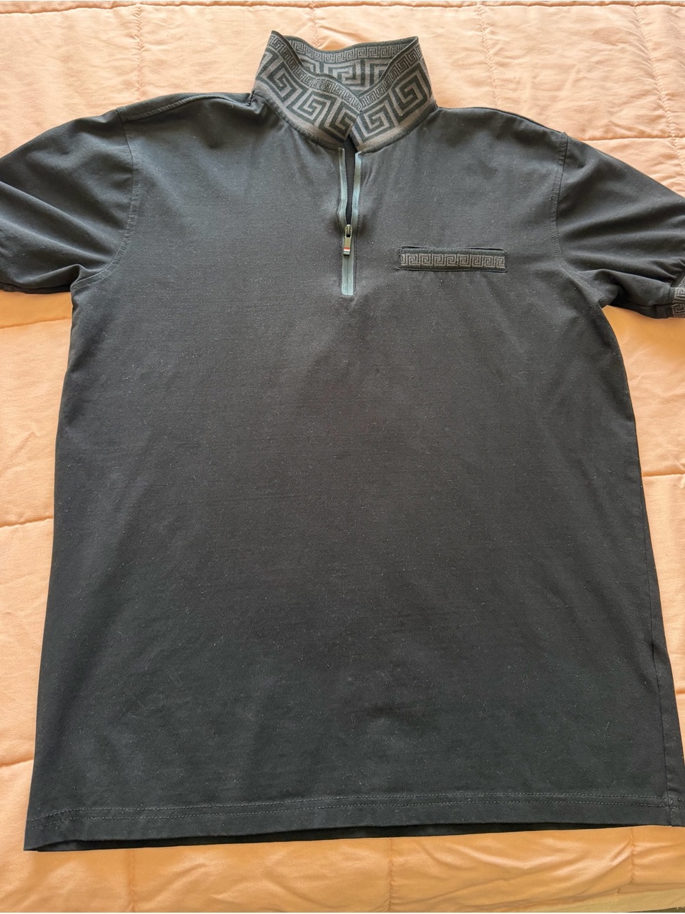 Men's Black Short-Sleeve Polo with Geometric Zip Collar